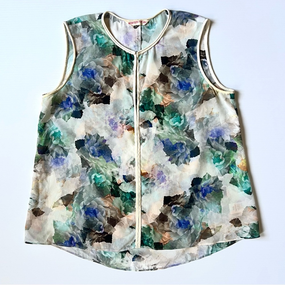 Rebecca Taylor silk semi-sheer watercolor floral sleeveless blouse top